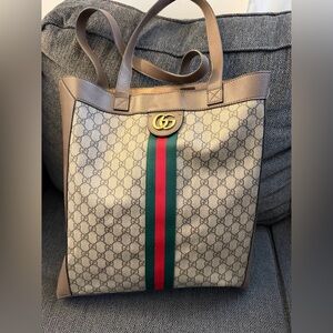 Gucci Beige and Brown Tote with Red and Green Stripe